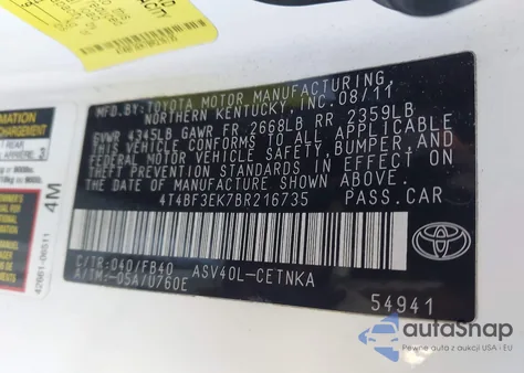 2011 Toyota Camry Le из США, поврежденный, VIN 4T4BF3EK7BR216735